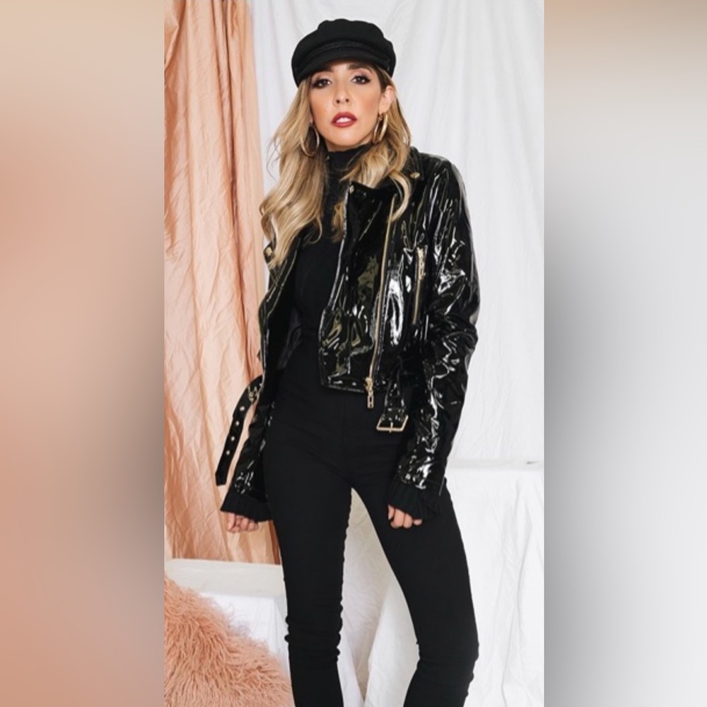 HAUTE & REBELLIOUS Patent Black Leather Biker Jacket S NWT
